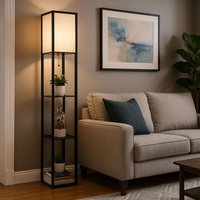 Stehleuchte Holzlampe Standlampe Textil schwarz naturfarben Schlafzimmerleuchte stehend, 1x E27 Fassung, LxBxH 26x26x159 cm von GLOBO LIGHTING