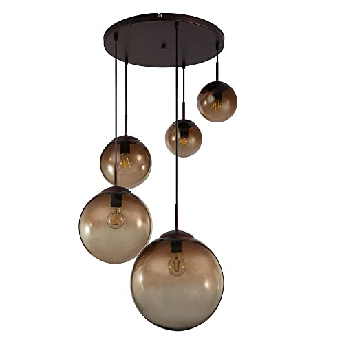 Decken Pendelleuchte mit Glas Lampenschirmen in amber Hängeleuchte 5 flammig Retro Hängelampe, 5x E27, Höhe 150 cm, Kugeln in verschiedenen Größen von GLOBO