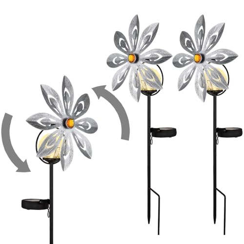 GLOBO 2er Set LED Außen Solarlampe Steckleuchte Gartenlampe Windrad Gartendeko Stecklampe Silber grau Außenlampe Erdspieß, Metall gelb, Bruchglas, warmweiß, LxH 20x50 cm von GLOBO