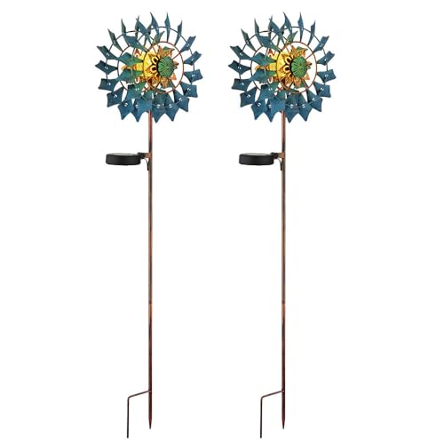 GLOBO Gartendeko Windrad LED Solarleuchte Terrassenlampe Außenlampe Erdspieß, Gold blau antik, Bruchglas, LxH 22,5 x 92 cm, 2er Set von GLOBO