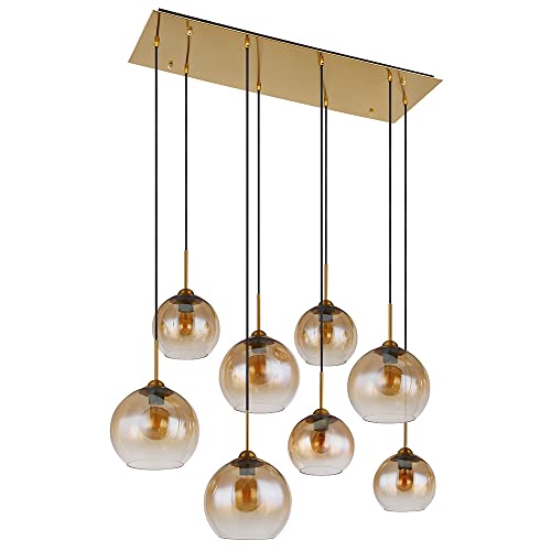 Hängelampe Wohnzimmer Pendelleuchte Esstischlampe 3 flammig, messing Glas amber 8x E27, LxH 106x150 von Globo