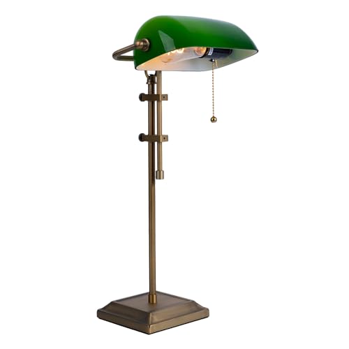 GLOBO LED Schreibtischleuchte Bankerlampe Tischlampe altmessing Glas grün Leseleuchte höhenverstellbar, Zugschalter, 1x E27 LED warmweiß, LxH 26,5x56 cm von GLOBO