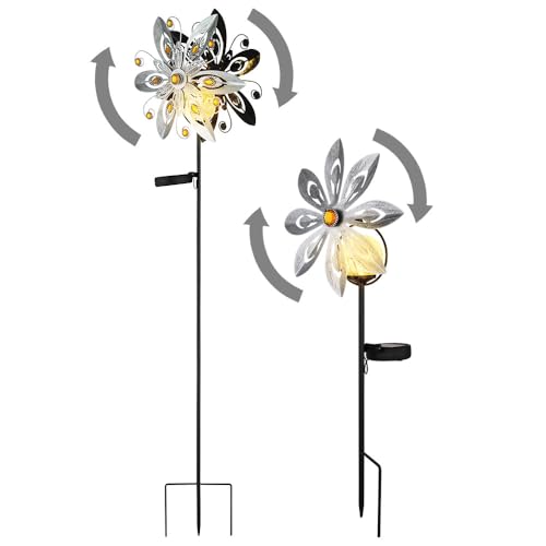 GLOBO LED Solarlampe Windrad Gartendeko Erdspieß Außenlampe Silber Stecklampe Beetdeko Solarleuchte, Glaskristalle, warmweiß, 2er Set von GLOBO