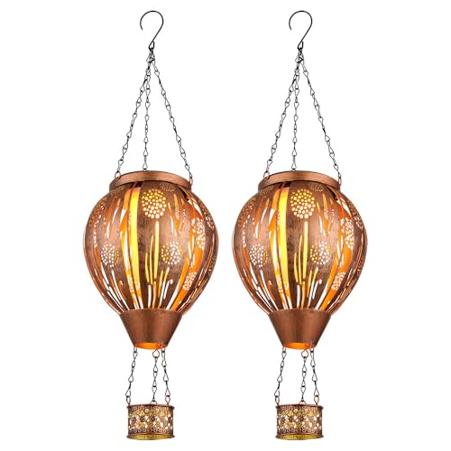 GLOBO Solarlampe Gartendeko LED Solarleuchte Heißluftballon Feuereffekt Außenleuchte Hängelampe Terrassenleuchte, Dekorstanzugen, braun Kupfer, DxH 14 x 46 cm, 2er Set von GLOBO