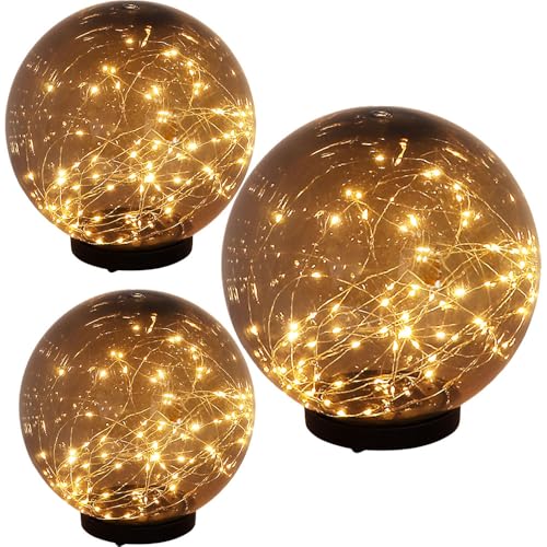 GLOBO Solarlampe Gartendeko Solarkugeln Außen LED Gartenlampe Erdspieß, Rauch, D 15 cm, 20 cm, 25 cm, 3er Set von GLOBO