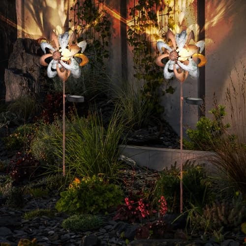 GLOBO Solarleuchte Windrad Solarlampe Erdspieß Gartendeko Solar Gartenstecker Gold Silber, Metall, LED warmweiß, LxBxH 22x12x92 cm, 2er Set von GLOBO