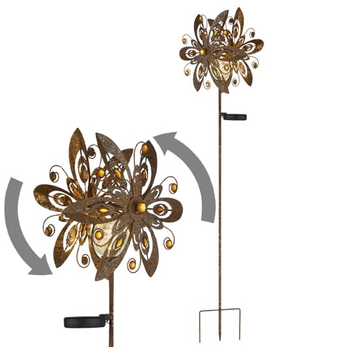 GLOBO Solarleuchte Windrad Solarlampe Erdspieß Gartendeko Solar Gartenstecker rost, Metall, LED warmweiß, LxBxH 32x17,5x124 cm von GLOBO