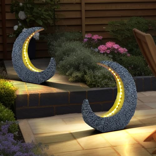 Gartendeko Solarlampen für Außen Tischdeko Gartentisch Garten Solarleuchte für Balkon, Mondsichel Stein Optik Grau Gold, LED warmweiß, LxH 28 x 31 cm, 2er Set von GLOBO
