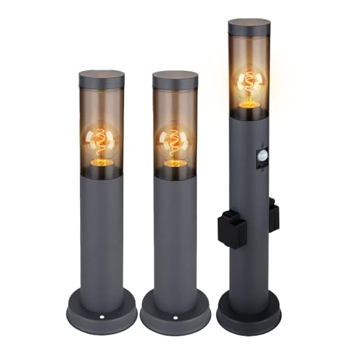 GLOBO Sockelleuchte mit Steckdose und Bewegungsmelder Gartenlampe Wegeleuchte Außenstehlampe, Edelstahl anthrazit, Kunststoff rauch, E27, 3er Set von GLOBO