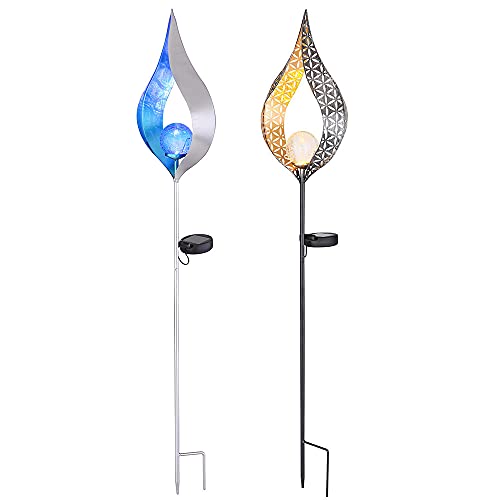 Solarleuchte Flamme Garten Solarstab für Außen Solar Garten Deko für Außen, mit Erdspieß und Lichteffekt in gelb und blau, 1x LED, H 90 cm, 2er Set von GLOBO