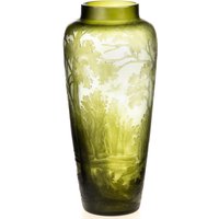 Jugendstil Vase Im Stil Von Émile Gallé - Überfangglas Mit Landschaftsmotiv in Grün, Signiert „Gallé", Kunstvolle Gravur Gdv105 von GLOBUSDEKO