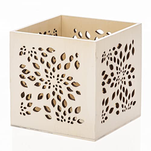 GLOREX 6 2003 401 - Windlicht mit Motiv Ornament, ca. 10 x 10 x 10 cm, aus Pappelholz, ideal als Tischdekoration von GLOREX