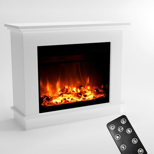 GLOW FIRE Elektrokamin mit Heizung und Kaminfeuer (Standkamin Atlas) - elektrischer Kamin mit LED-Feuer in 3 Farben, Heizlüfter, Holz-Deko & Fernbedienung, 70x86x30 cm, Weiß von GLOW FIRE