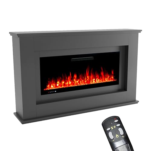 GLOW FIRE Elektrokamin mit Heizung und Kaminfeuer (Standkamin Rhea) - elektrischer Kamin mit LED-Feuer in 5 Farben, Heizlüfter, Deko & Fernbedienung – 158x97x33 cm, Grau von GLOW FIRE