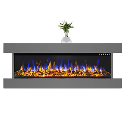 GLOW FIRE Elektrokamin mit Heizung und Kaminfeuer (Wandkamin Clear 36) - elektrischer Kamin mit LED-Feuer in 3 Farben, Heizlüfter, Deko & Fernbedienung - zum Aufhängen an der Wand - 118x53 cm, Grau von GLOW FIRE