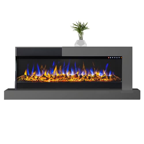 GLOW FIRE Elektrokamin mit Heizung und Kaminfeuer (Wandkamin Edge 36) - elektrischer Kamin mit LED-Feuer in 3 Farben, Heizlüfter, Deko & Fernbedienung - zum Aufhängen an der Wand - 127x61 cm, Grau von GLOW FIRE