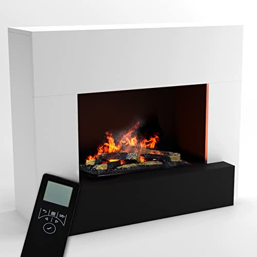 GLOW FIRE Wasserdampf Kamin HAUPTMANN (Standkamin) - Elektrokamin mit realistischen LED 3D-Flammen, Knistereffekt & Fernbedienung, 110x90x45 cm - Opti-Myst 600 Elektro Kamin mit Holz-Deko, Weiß von GLOW FIRE