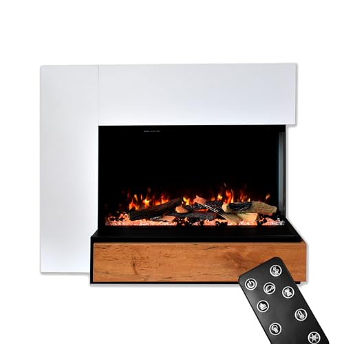 GLOW FIRE Kaminofen Einstein rechtsoffen mit realistischem 3D E-Motion LED-Feuer - Stand-Elektrokamin mit Heizung und Kaminfeuer, Knistereffekt & Timer, max. 1500 W, 109x89x51, Weiß von GLOW FIRE