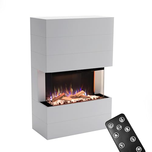 GLOW FIRE Kaminofen Portia mit realistischem 3D E-Motion LED-Feuer - Stand-Elektrokamin mit Heizung und Kaminfeuer, Knistereffekt & Timer, max. 1500 W, 140x100x45, Weiß von GLOW FIRE