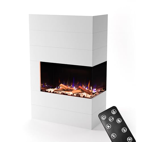 GLOW FIRE Kaminofen Portia rechtsoffen mit realistischem 3D E-Motion LED-Feuer - Stand-Elektrokamin mit Heizung und Kaminfeuer, Knistereffekt & Timer, max. 1500 W, 140x90x45, Weiß von GLOW FIRE