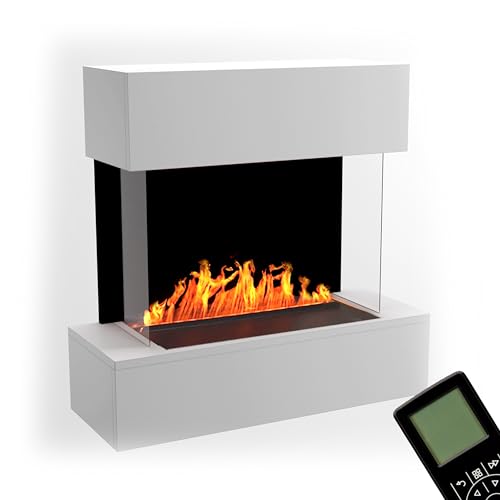 GLOW FIRE Wasserdampf Kamin HÖLDERLIN (Wandkamin) - Elektrokamin für die Wand mit realistischen LED 3D-Flammen, Knistereffekt & Fernbedienung, 80x78x30 cm, Opti-Myst 500, Weiß von GLOW FIRE