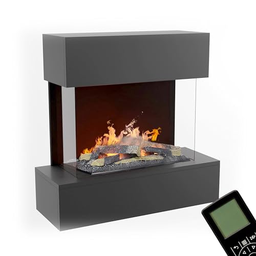 GLOW FIRE Wasserdampf Kamin HÖLDERLIN (Wandkamin) - Elektrokamin für die Wand mit realistischen LED 3D-Flammen, Knistereffekt & Fernbedienung, 80x78x30 cm, Opti-Myst 600 mit Holz-Deko, Grau von GLOW FIRE