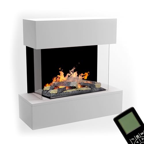 GLOW FIRE Wasserdampf Kamin HÖLDERLIN (Wandkamin) - Elektrokamin für die Wand mit realistischen LED 3D-Flammen, Knistereffekt & Fernbedienung, 80x78x30 cm, Opti-Myst 600 mit Holz-Deko, Weiß von GLOW FIRE
