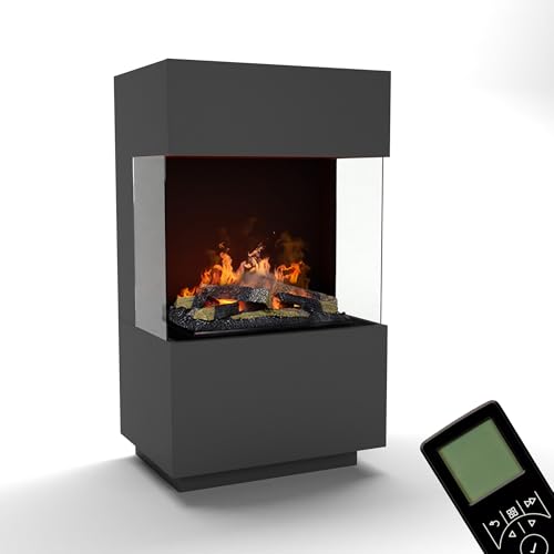 GLOW FIRE Wasserdampf Kamin OGF 1 Mini (Standkamin) - Elektrokamin mit realistischen LED 3D-Flammen, Knistereffekt & Fernbedienung, 55x96x40 cm - Opti-Myst 400 Elektro Kamin mit Holz-Deko, Grau von GLOW FIRE