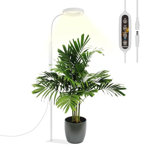 GLOWRIUM Grow Lights für Zimmerpflanzen, 20W Vollspektrum LED Grow Light Stehlampe mit Ständer Einstellbare Höhe und Winkel, Schwarz Pflanzenlicht mit 3/9/12H Grow Light Timer (White, 20W) von GLOWRIUM