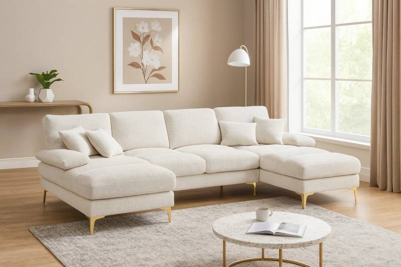 GLP Ecksofa mit schlaffunktion, Set, U-Sofa mit 4 Kissen, Rubberwood-Rahmen & 15 cm Goldfüßen. GLP Ecksofa mit schlaffunktion, Set, U-Sofa mit 4 Kissen, Rubberwood-Rahmen & 15 cm Goldfüßen. von GLP