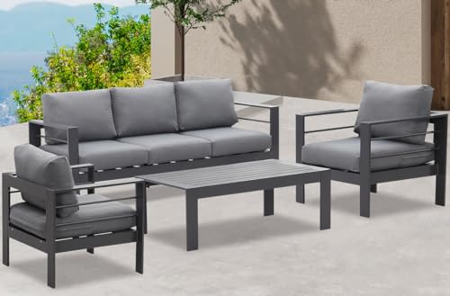 GLP Gartenmöbel Set Aluminium, Neumodisches Lounge möbel für 6-7 Personen mit Sofa, Tisch, Hocker & Kissen, für Innen- und Außenbereich (Grau & Dunkelgrau - 5 Sitzplätze) von GLP
