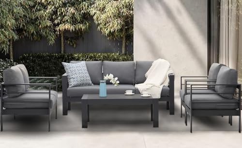 GLP Gartenmöbel Set Aluminium 6-7 Personen, Terassenmöbel Wetterfest mit Sofa, Tisch, Hocker & Kissen, Gartenlounge Set für Innen- und Außenbereich (Grau & Dunkelgrau) von GLP