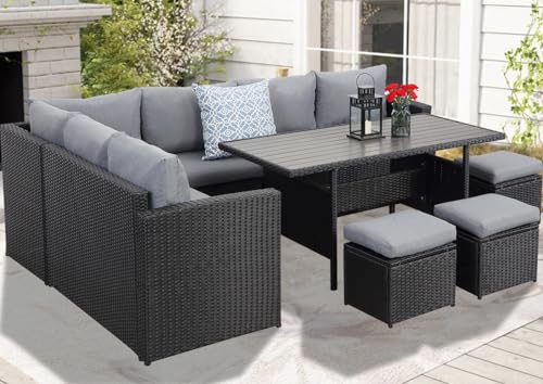 GLP Polyrattan Gartenmöbel Set bis zu 9 Personen, Lounge Sitzgruppe WPC Esstisch Ecksofa Hocker Sessel und Dicke Kissen Wetterfest Balkonmöbel (Schwarz & Grau) von GLP