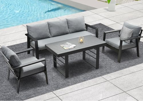 Gartenmöbel Set Aluminium 4 TLG, 3-Sitzer Sofa, 2 x Einzelsessel, 1 x Esstisch, 7 x Auflagen, wetterfest Essgruppe Gartengarnitur für Garten, Balkon & Terrasse (Grau) von GLP