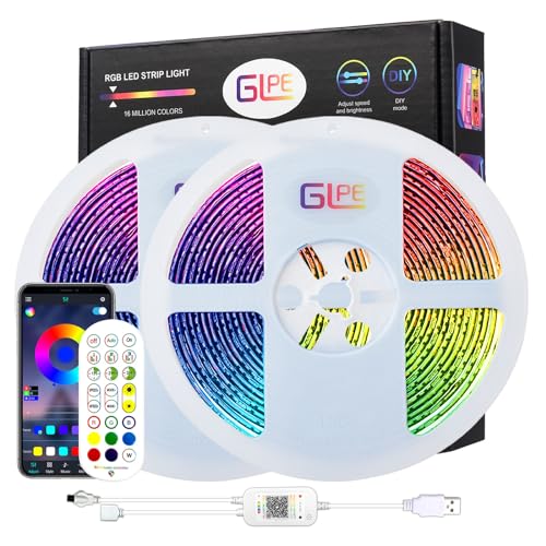 GLPE 5m USB LED Strip Wasserdicht, RGBW Bluetooth LED Streifen mit Smart App und Fernbedienung, Musik Sync und Farbwechsel LED Lichtband für Wohnzimmer Schlafzimmer Party Küche TV Gaming von GLPE