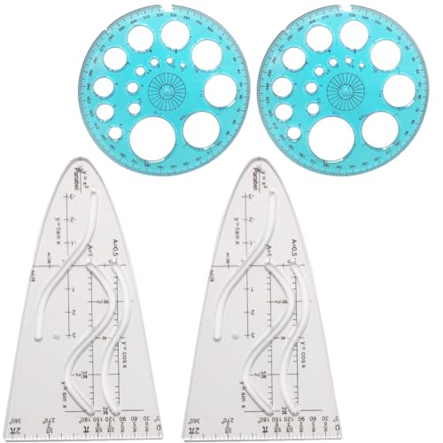 GLPRKOW 4 Stück Mathe Schablonen Set: 2 Flexibel Cosinus Tangens Kurvenlineale und 2 360° Rundmaßstab Geometrie Lineale, Formstabile Kunststoffschablonen für Studenten, Büro, Designer von GLPRKOW