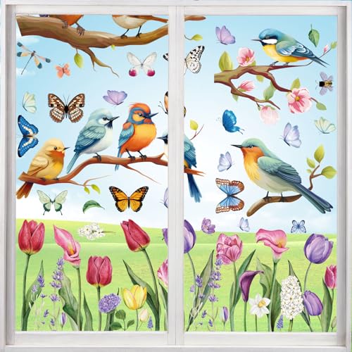 9 Stück Fensterbilder Selbstklebend Aufkleber, Vogel Blumen Schmetterling Aufkleber Fenster Fensterbilder Kinder, Wiederverwendbar Fensterfolie, für Frühling und Sommer Fenster Glas Dekorieren von GLQSLQ