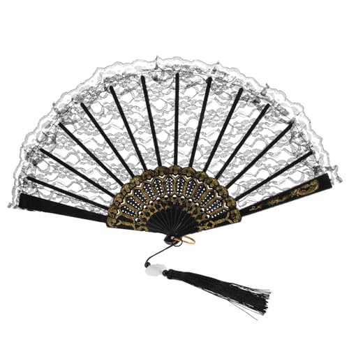 GLSTOY Eleganter Spitzen-handfächer mit Quaste Stabiler Klappfächer für Sommer Party Cosplay und Wanddeko Leicht Tragbar Chinesischer Stil Handgehalten Schwarz von GLSTOY