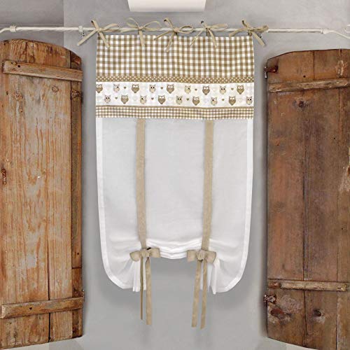 GLShabby Vorhang Gardine Raffrollo Raffgardine Kariert, Eulen, Raffrollo Baumwolle Landhausstil Country Chic - Kariert/Eulen - 60x150 - Weiß/Kariert Beige von GLShabby