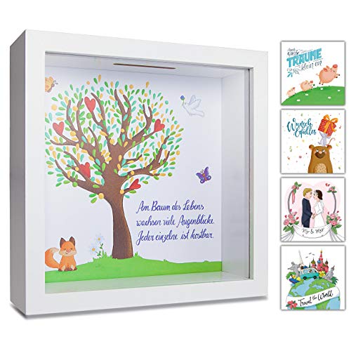 GLÜCKSWOLKE Spardose - Motiv Lebensbaum I Geschenk für Taufe, Kommunion, Konfirmation, Jugendweihe, Abitur I Taufgeschenke Mädchen Junge I 3D Bilderrahmen Sparbüchse I Sparschwein Geldgeschenke von GLÜCKSWOLKE