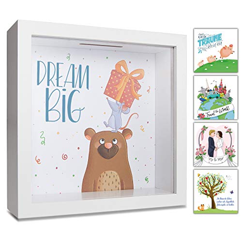 GLÜCKSWOLKE - Spardose Kinder I Motiv Dream Big I Money Box Kids I Piggy Bank for Girl Boy I Photo Frame I 3D Picture Box I Moneybox I Gifts for Cash to Birthday, Baby Shower, Christmas or Christening von GLÜCKSWOLKE