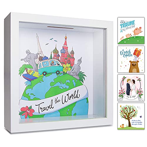 GLÜCKSWOLKE - Spardose Reisen I Motiv Travel The World I Urlaubskasse Reisekasse I Geldgeschenke Verpackung I Sparschwein Deko Geschenk I 3D Rahmen zum Befüllen I Money Box Urlaub Sparbüchse von GLÜCKSWOLKE