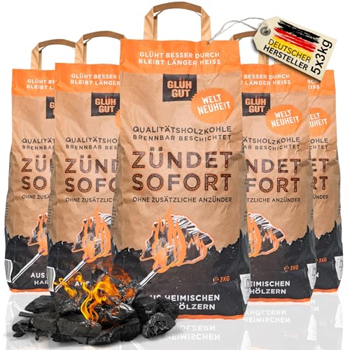 Premium Grill Holzkohle - inkl. biobasierter Anzündbeschichtung - aus Eiche & Buche - Glühgut Grillkohle für Kohle Grills | 15kg - 5x3kg von GLÜHGUT