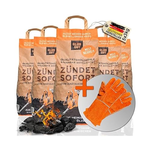GLÜHGUT Grill Zubehör Kit – inkl. Hitzebeständiger Leder Grillhandschuhe Premium Eichen-Buchen Grill Holzkohle (15 kg - 5 x 3Kg) | Für Grill, Kamin, Pizzaofen & Outdoor-Küche von GLÜHGUT