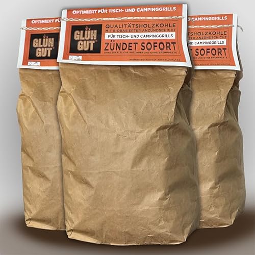Glühgut Tischgrill-Holzkohle 1kg x3 (3 KG) – Premium Holzkohle mit Anzündbeschichtung – Tischgrillkohle, raucharm & sofort grillbereit – ideal für Lotus Grill, Balkon & Camping von GLÜHGUT