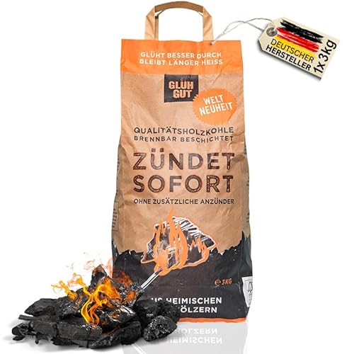 Premium Grill Holzkohle - inkl. biobasierter Anzündbeschichtung - aus Eiche & Buche - Glühgut Grillkohle für Kohle Grills | 3Kg von GLÜHGUT
