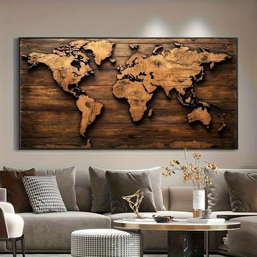 GLWDME 1 Stück 70 x 140 cm Retro Erde Leinwand Wandkunst Weltkarte Design mit goldbrauner Holzmaserung Textur Poster und Drucke Wandbild für Wohnzimmer (ohne Rahmen) von GLWDME