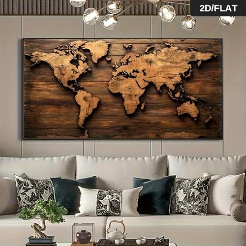 GLWDME Leinwandbild „Retro Earth“, Weltkarten-Design mit goldbrauner Holzmaserung, Poster und Drucke, Wandgemälde fürs Wohnzimmer（Ungerahmt） von GLWDME