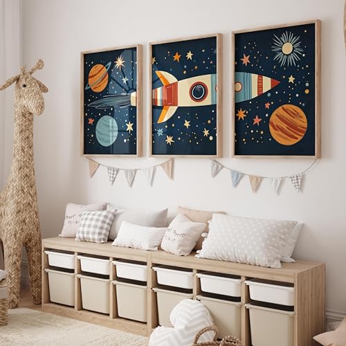 GLWDME Retro-Weltraumraketen-Wandgemälde-Set, dunkelblaue Kinderzimmer-Hängebilder, Poster und Drucke, Wandgemälde für das Wohnzimmer（Ungerahmt） von GLWDME