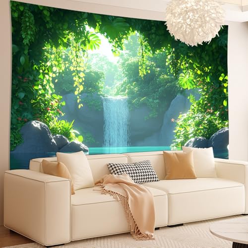 GLWDMH 150x130CM Wandteppich mit Regenwald und Wasserfall, Wandbehang aus Polyester, für Schlafzimmer, Büro, Wohnheim, Partydekoration, mit Installationspaket von GLWDMH